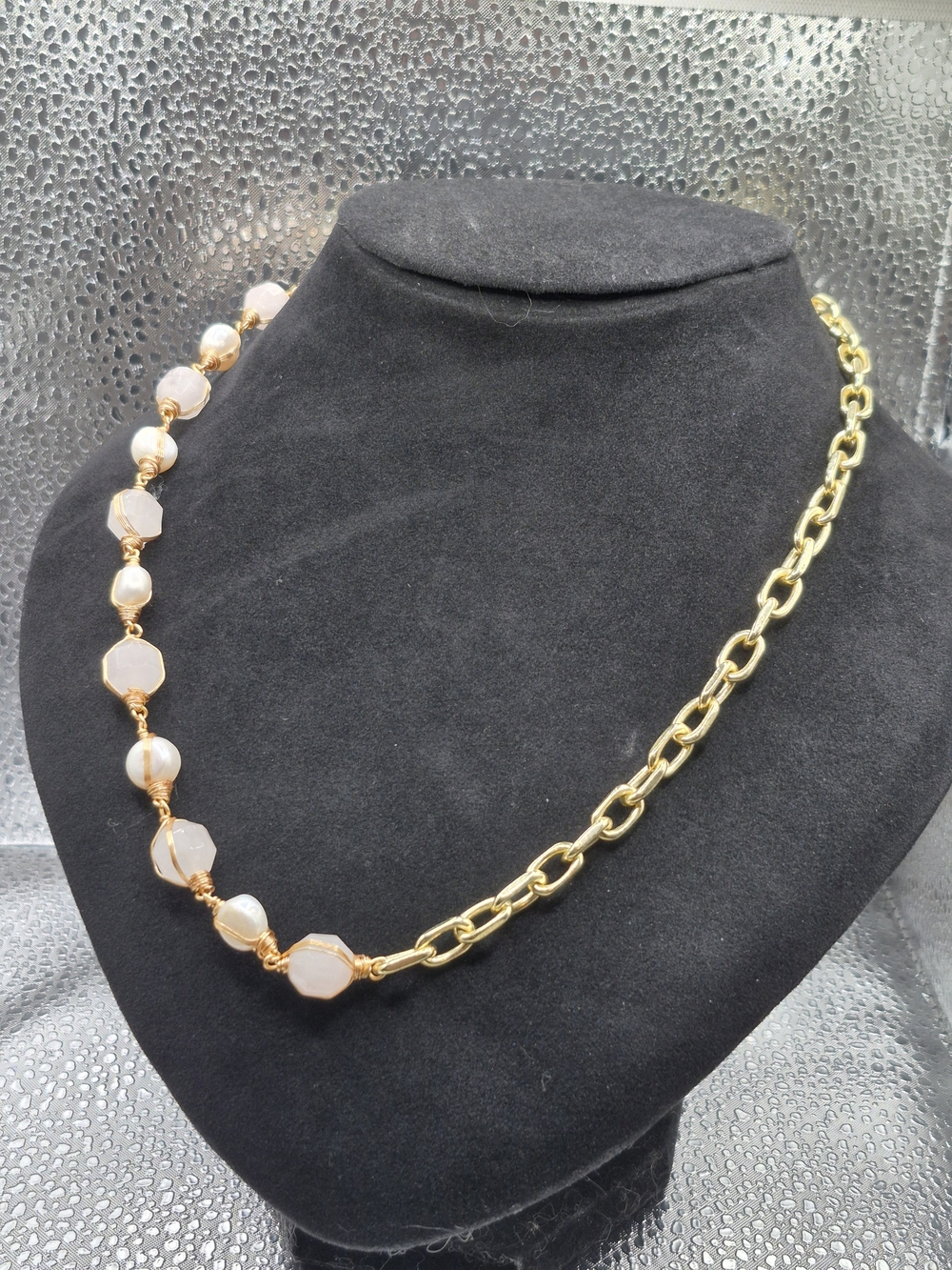 Golden Paperclip Chain With Rose Quartz And Pearl